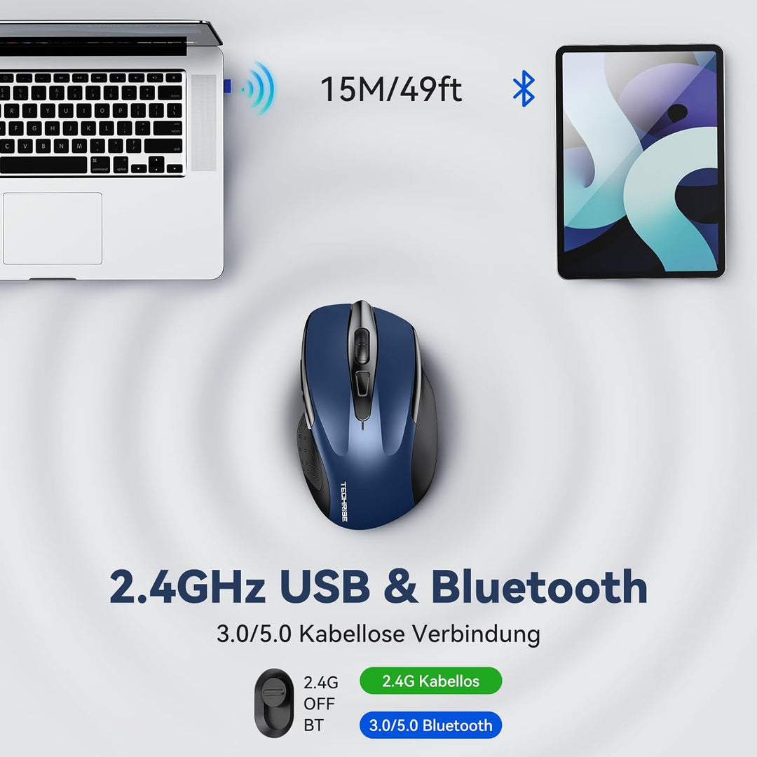 TechRise Bluetooth Maus, 2.4G Maus Kabellos (BT 5.0/3.0 + 2.4G) 4800 DPI Wiederaufladbare Ergonomisc