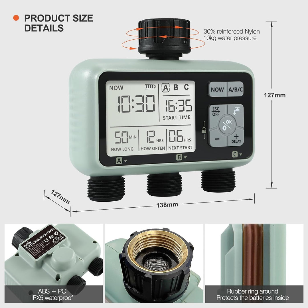 Kazeila Water Timer Bewässerungscomputer 3 Anschlüsse,3 Separate Programme,Bewässerungsuhr Digital P