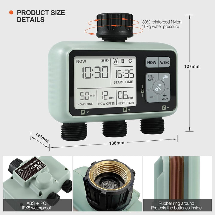 Kazeila Water Timer Bewässerungscomputer 3 Anschlüsse,3 Separate Programme,Bewässerungsuhr Digital P