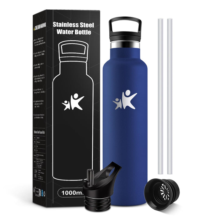 KollyKolla Trinkflasche Edelstahl 1 L, Edelstahl Trinkflasche mit Strohhalm, Thermosflasche Auslaufs