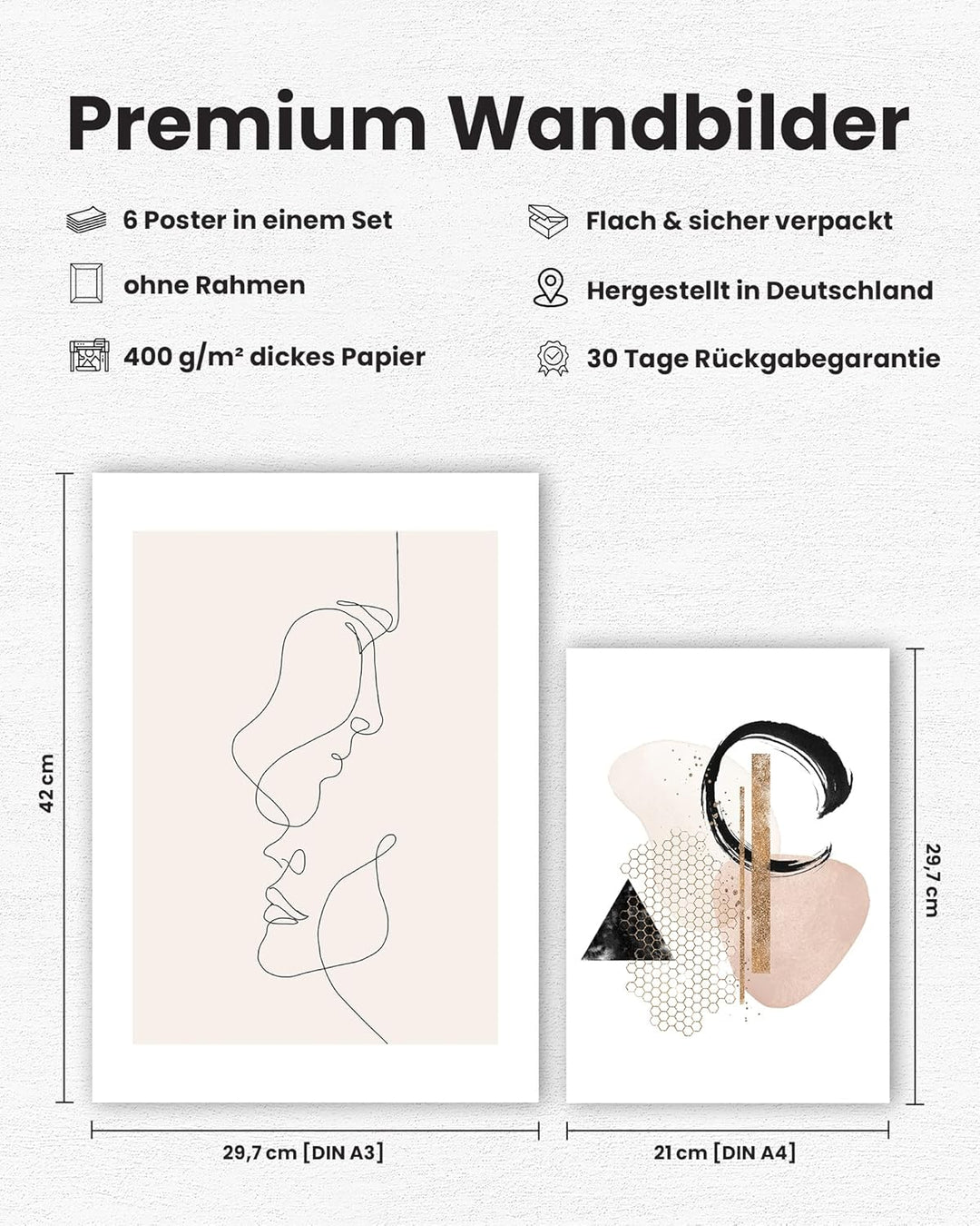 MUUDLY® Poster Set Abstrakt Line Art Beige – 6 moderne Wandbilder (2×A3, 4×A4) – Stilvolle Bilder fü