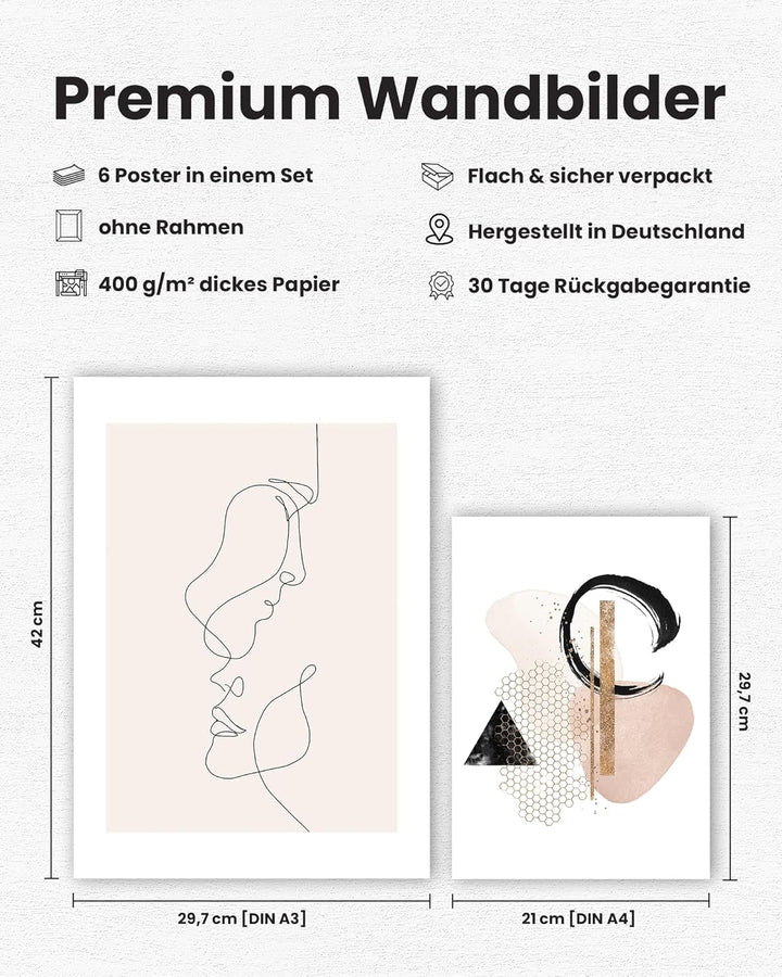 MUUDLY® Poster Set Abstrakt Line Art Beige – 6 moderne Wandbilder (2×A3, 4×A4) – Stilvolle Bilder fü