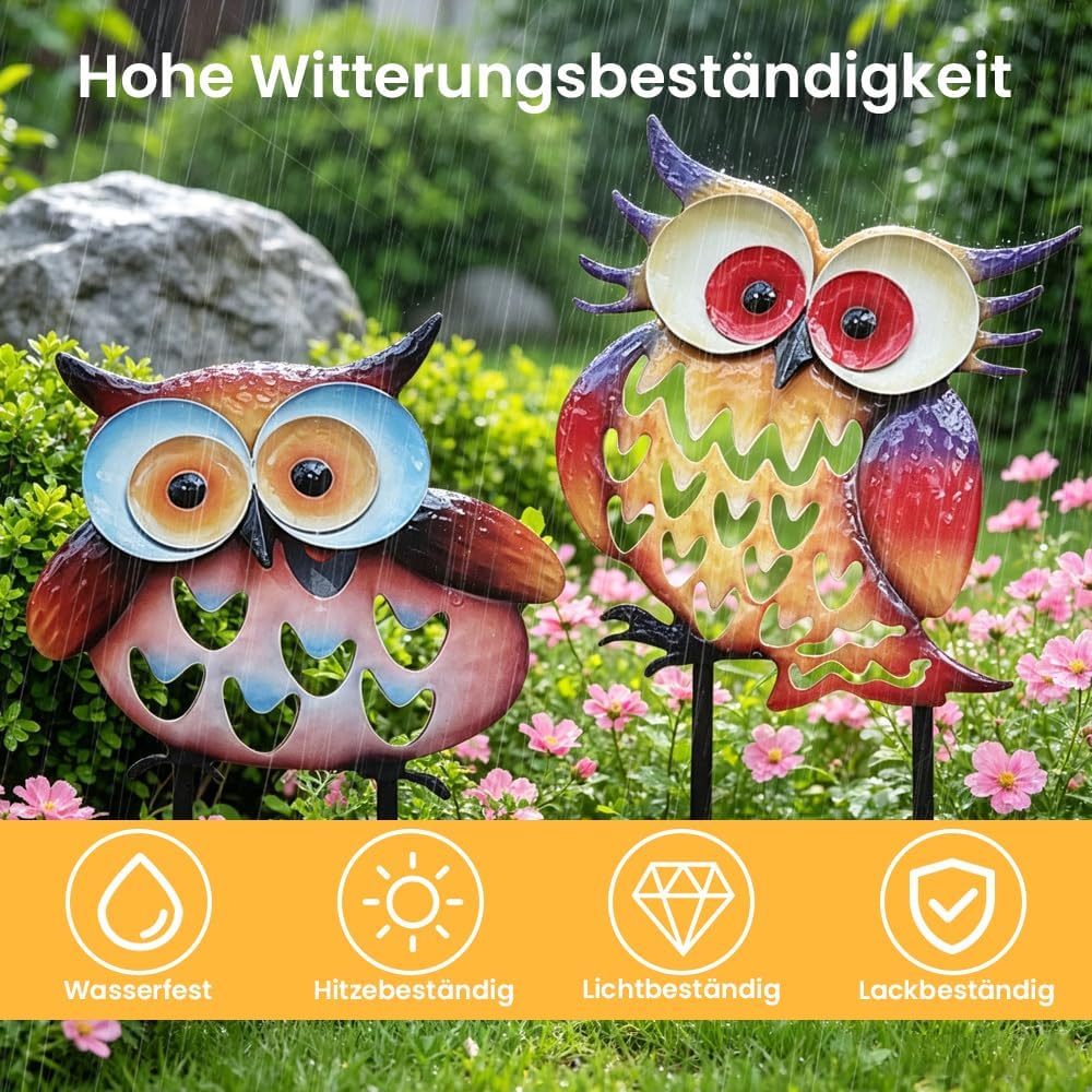 2PCS Gartenstecker Metall Eule, Metall Eulen Deko Garten, Gartenfiguren Me-Tall Eu-le mit Farbe für