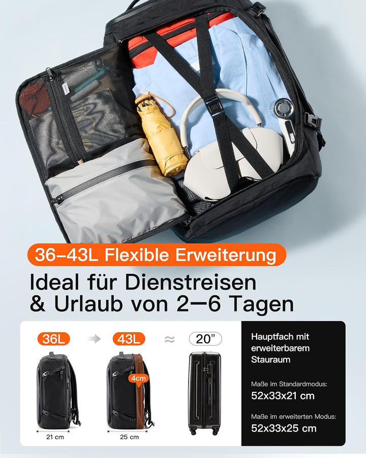 Inateck Leichter Reiserucksack Handgepäck Flugzeug Erweiterbar 36-43L | TSA Freundlich Grosse Kapazi