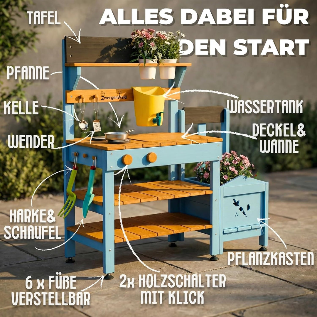Matschküche Kinder Outdoor mit Wassertank & Spülbecken, mit Pflanzkasten, Mud Kitchen Holz, Spielküc