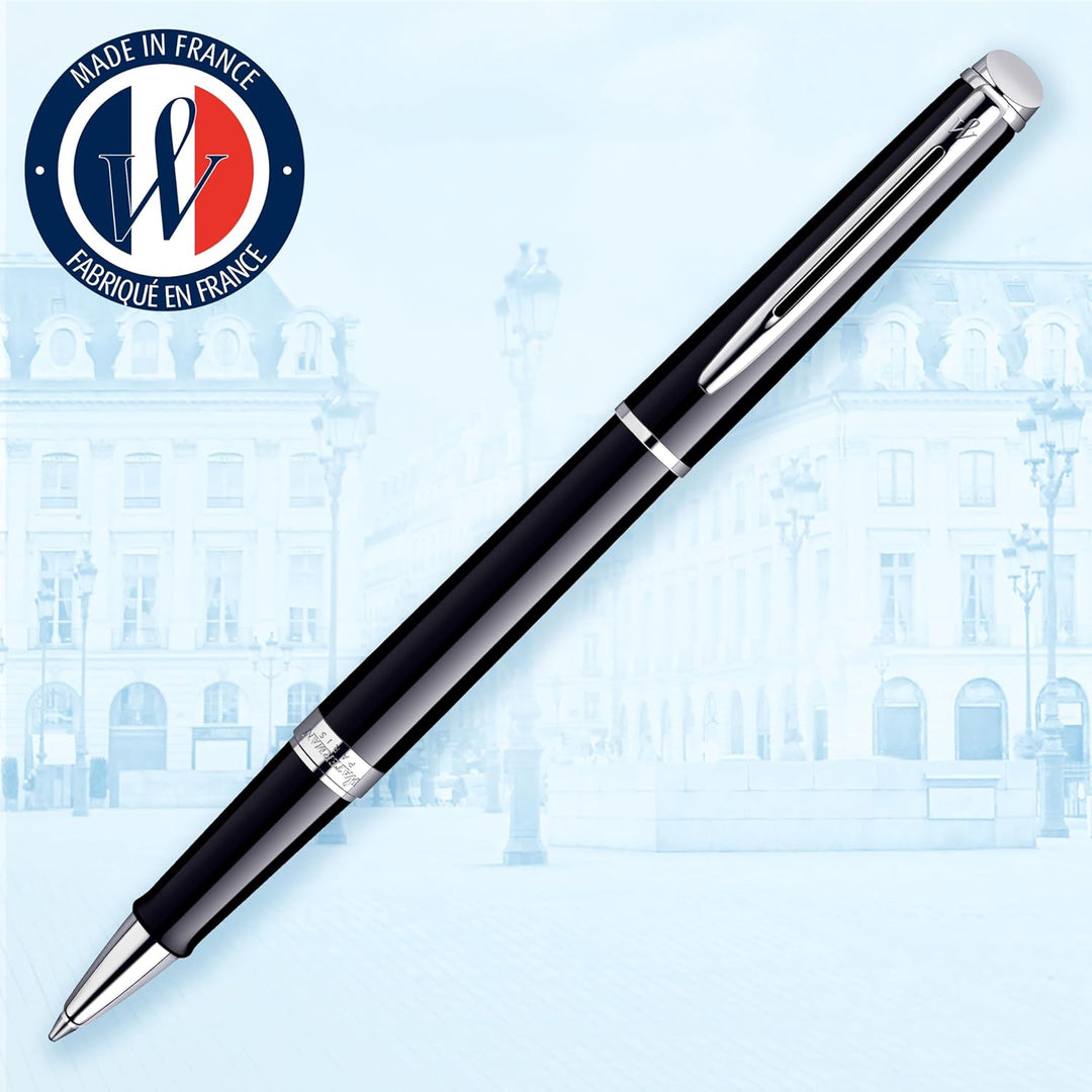 Waterman Hémisphère Tintenroller | Hochglänzend Schwarz mit Chromzierteile | feine Spitze | Schwarze