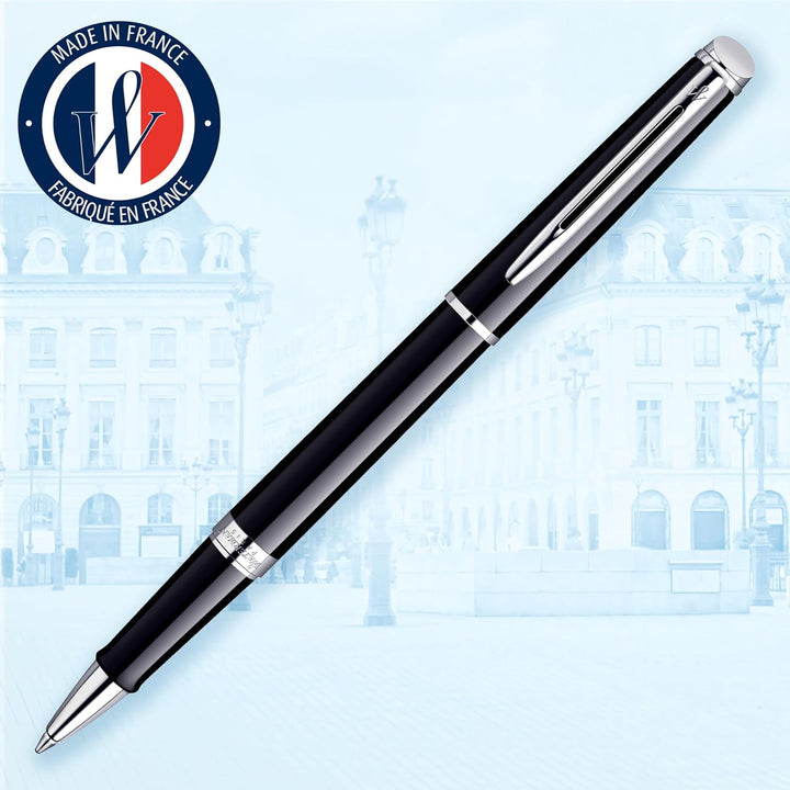 Waterman Hémisphère Tintenroller | Hochglänzend Schwarz mit Chromzierteile | feine Spitze | Schwarze