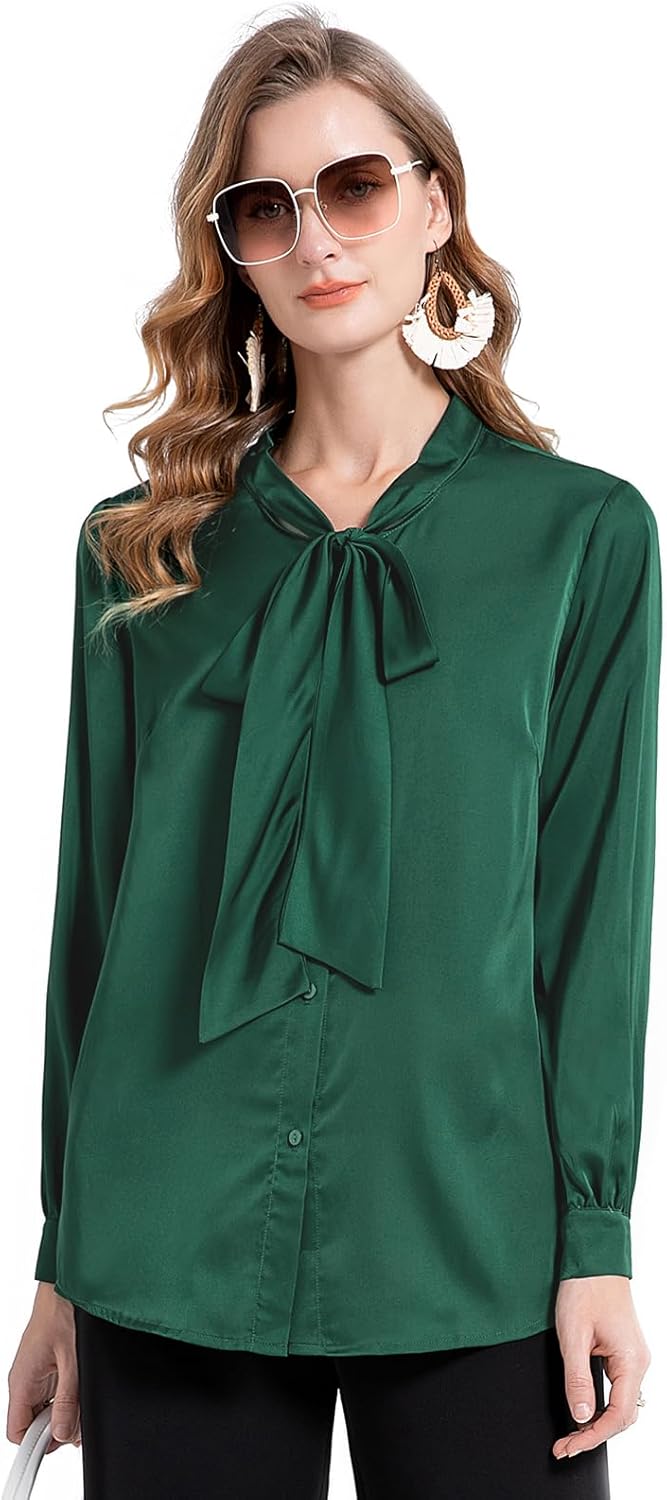 Tapata Bluse Damen Elegant Satin Button Down Hemd mit Schleife Female Hemdblus Langarm Business Lang