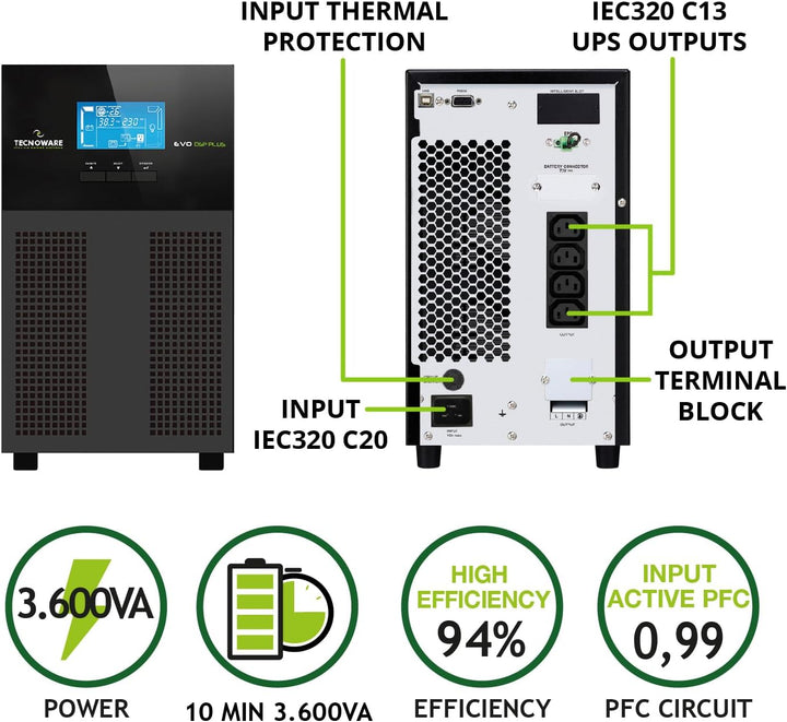 Tecnoware Power Systems - EVO DSP Plus 3600, Online-Technologie VFI für zuverlässige Stromversorgung