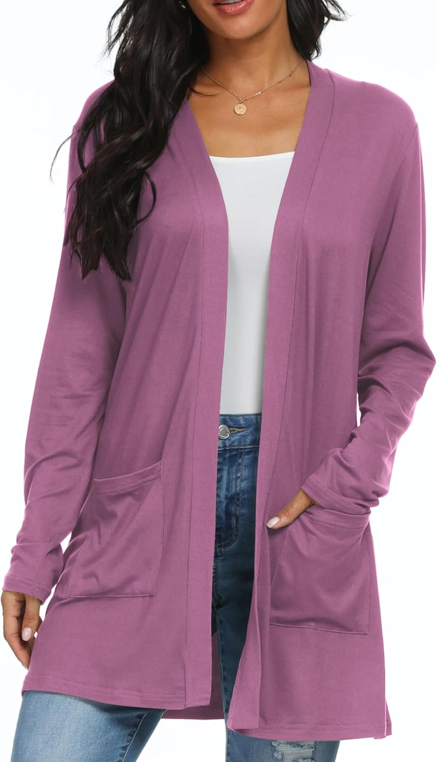 QIXING Casual Leichte Strickjacke Damen Lang Elegant Dünne Strickjacke Lange Ärmel mit Taschen Open