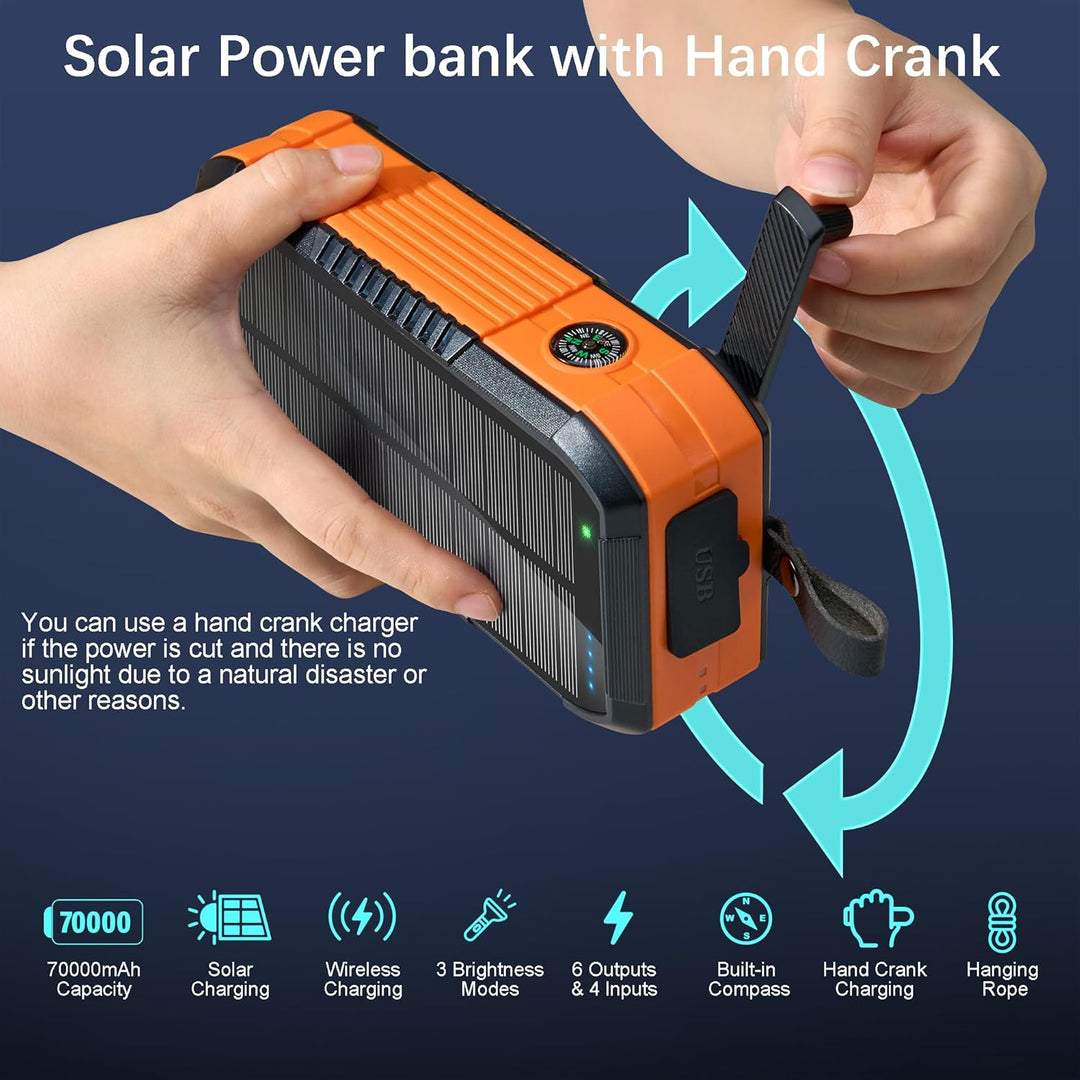 70000mAh Solar Powerbank:PD 30W Power Bank Wireless Externer Handyakku tragbares Ladegerät mit Schne