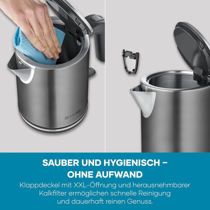 Severin Wasserkocher mit Fast-Boil-Power und Kalkfilter, 1 L Fassungsvermögen, Einhandbedienung, Tee