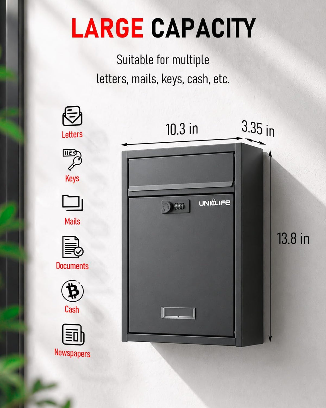 Uniclife Wall Mount Mailbox für aussen, grosse Ablagefach mit Zahlenschloss, Sicherheit Schliessung