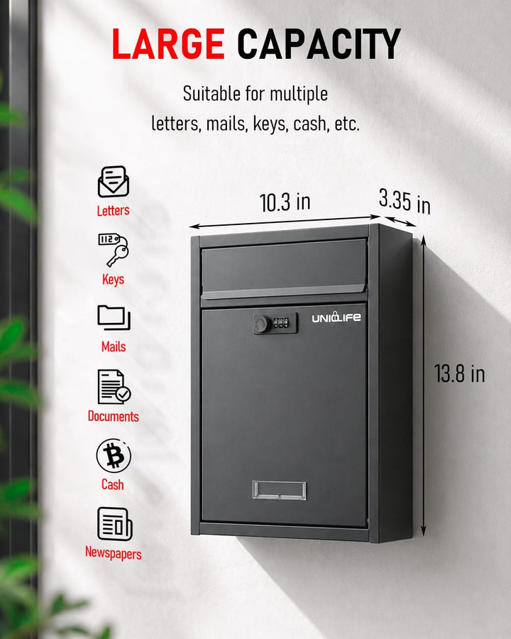 Uniclife Wall Mount Mailbox für aussen, grosse Ablagefach mit Zahlenschloss, Sicherheit Schliessung