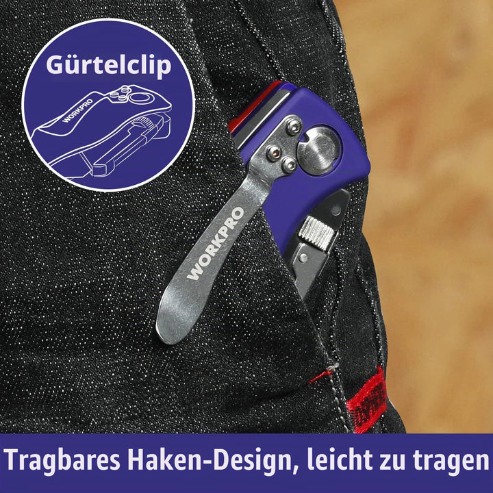 WORKPRO Teppichmesser Faltbares Universalmesser, Cutter Messer mit Klingenaufbewahrung und Gürtelcli