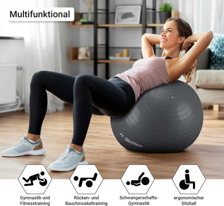 EliteAthlete Gymnastikball Sitzball Büro ergonomisch mit Anti Burst System - Fitness Pilates Schwang