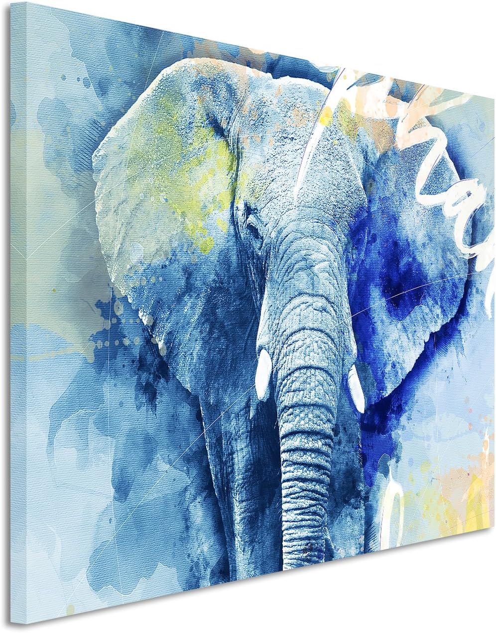 Paul Sinus Art Bild Leinwand 120x80cm Mächtiger Elefant in Blautönen mit Kalligraphie, 120x80cm