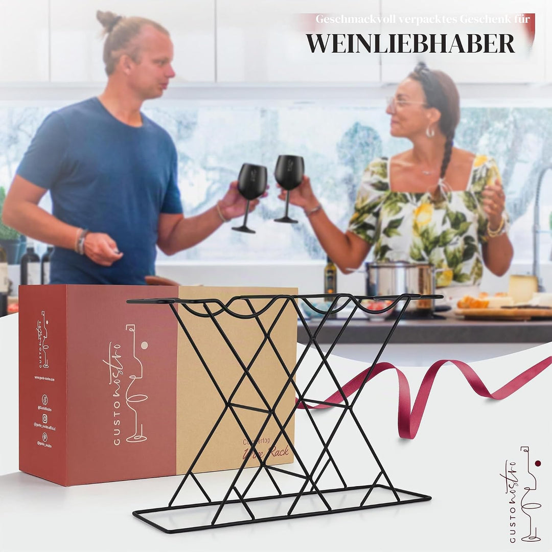 Gusto Nostro Kleines Weinregal Schwarz Metall mit Weinglashalter - Weinflaschenhalter für 8 Flaschen