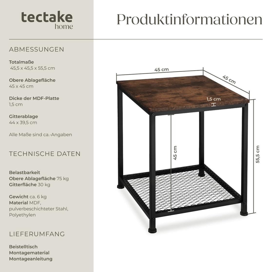 tectake® Beistelltisch Holz &amp; Metall, Couchtisch mit Stauraum auf Zwei Ebenen, Kleiner Tisch 45,5 x