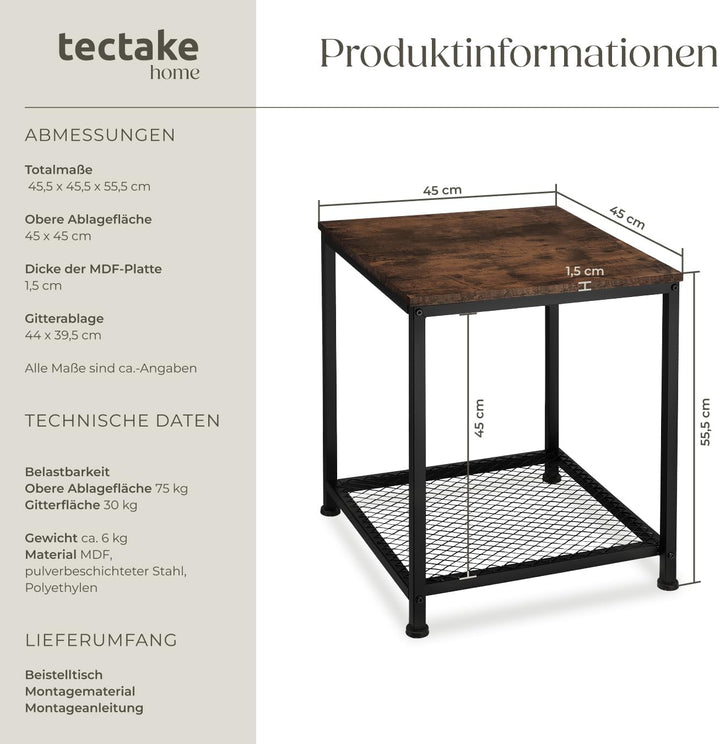 tectake® Beistelltisch Holz &amp; Metall, Couchtisch mit Stauraum auf Zwei Ebenen, Kleiner Tisch 45,5 x