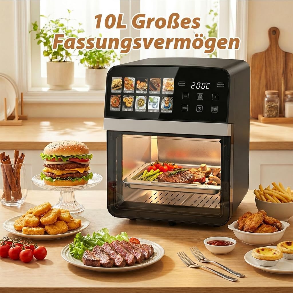 Heissluftfritteuse 10L, Fettfreie Fritteuse mit grosser Kapazität 1800W