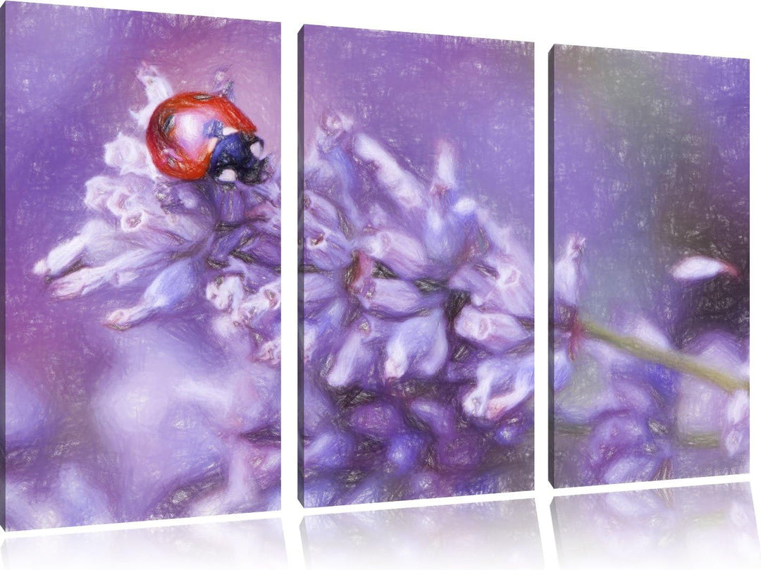 Pixxprint Kleiner Marienkäfer auf Lavendel Kunst Buntstift Effekt 3-Teiler Leinwandbild 120x80 Bild