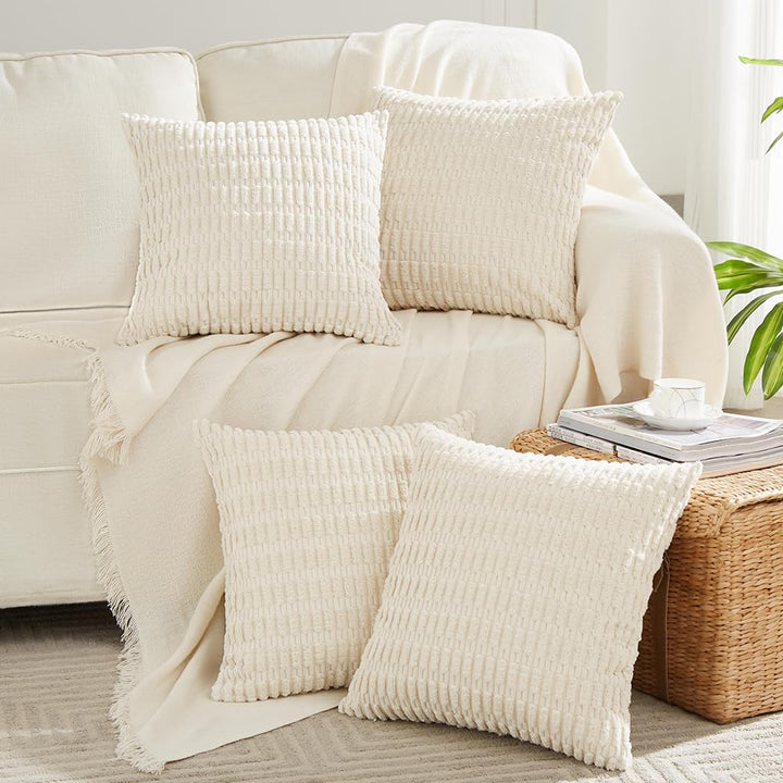 FDTERN 4er Set Boho Kissenbezug 40x40 Creme Flauschig Kissenbezüge Weich Kordsamt Beige Kissenhülle