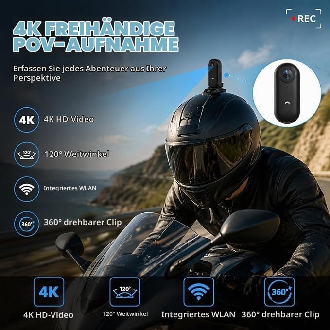 Winnes 4 K Mini Sportkamera, Tragbar,120 ° Weitwinkel, Sportkamera mit Clip hinten, 360 °, Audio- un