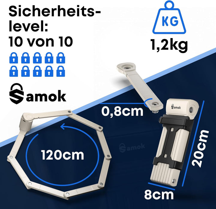 Samok Fahrradschloss Faltschloss 120cm - Faltschloss Fahrrad inkl. Halterung &amp; Zubehör - Extrem sich