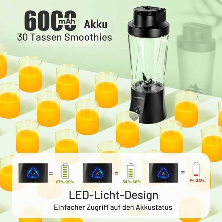 Smoothie Maker to go, 700 ml Portable Blender, 6000 mAh, Selbstreinigungsfunktion, Inklusive 6 Schar