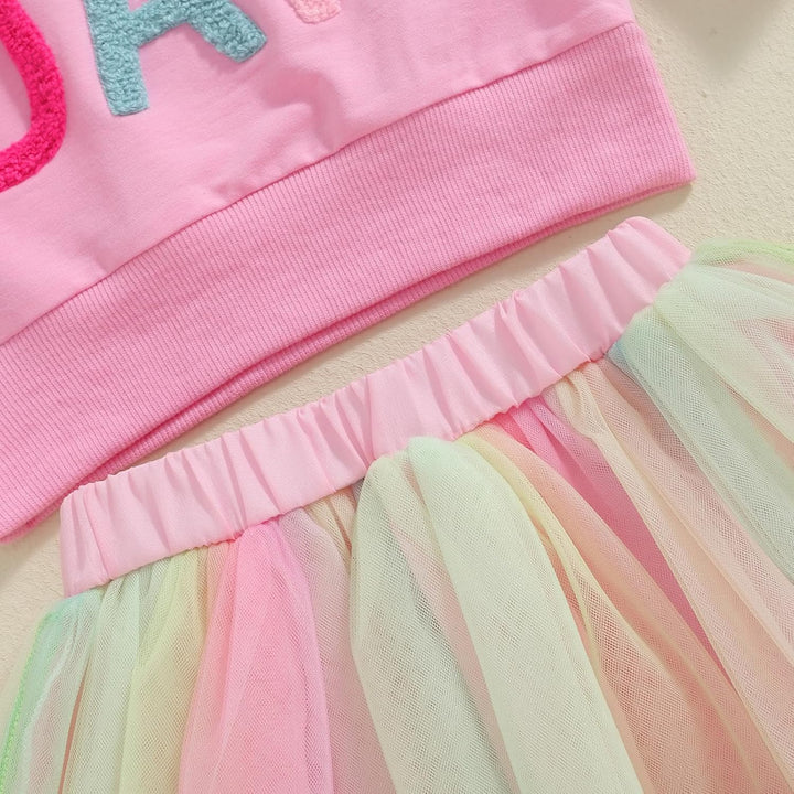 MAHUAOYIXI Baby Mädchen Geburtstag Outfit Prinzessein Spitzen Rock Set Langarm Buchstaben Stickerei