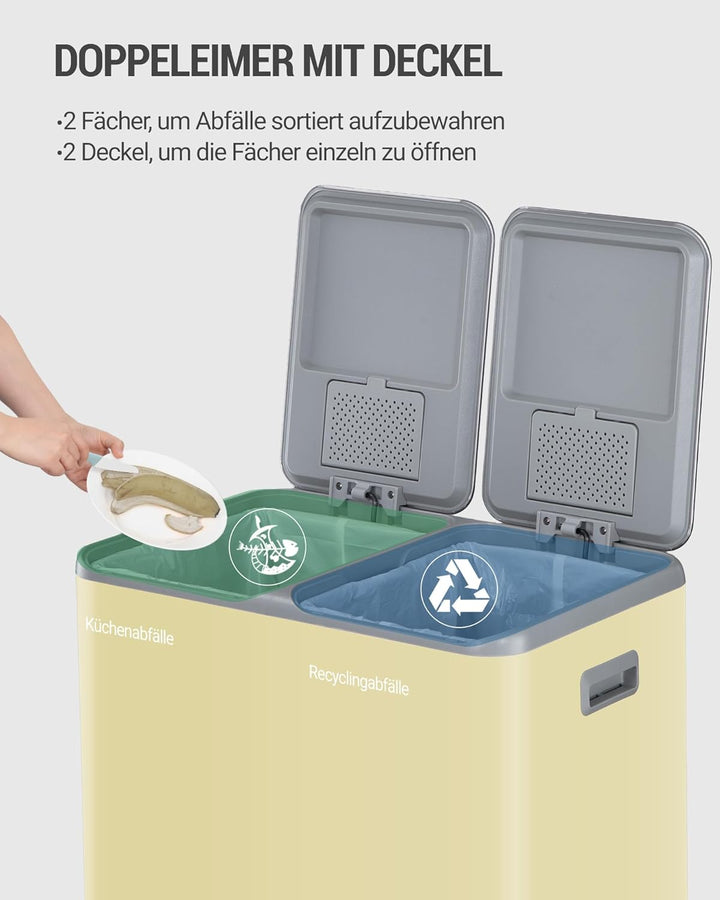 Hzuaneri Mülleimer Küche, 2 x 30 L, Mülltrennsystem 2 Fächer 60 L, Edelstahl-küchenmülleimer, Tretmü