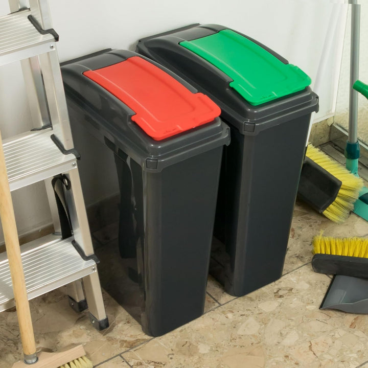 2x 25 Liter Mülltonne Schwarz-Grün-Rot, Mülleimer Küche 2 Fächer, Mülltrennsystem, Abfalleimer Küche