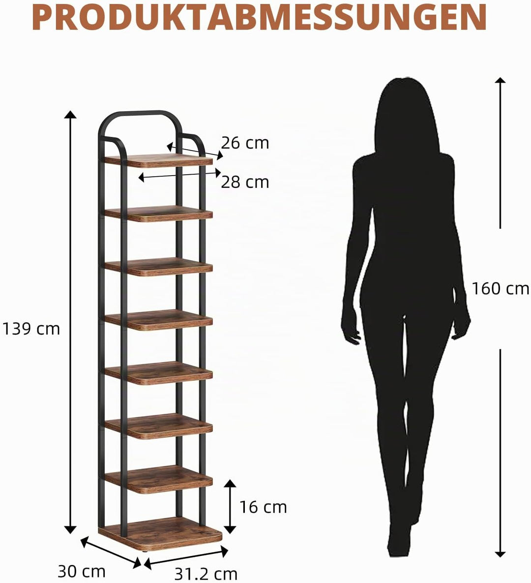 Dripex Vertikales Schuhregal mit 8 Ebenen, Schuhablage schmal Metall, Verstellbar Ablage, platzspare