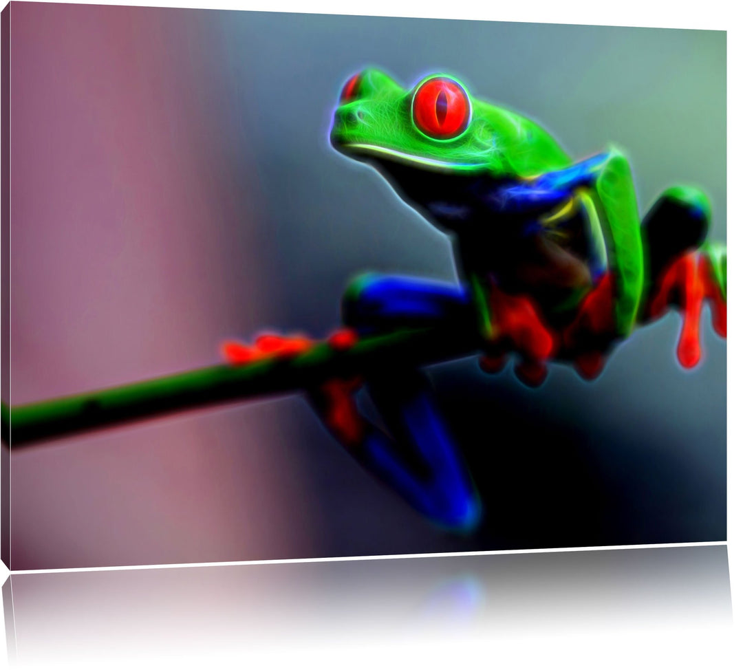 Grüner Frosch auf Ast Deluxe Format: 100x70 cm auf Leinwand, XXL riesige Bilder fertig gerahmt mit K