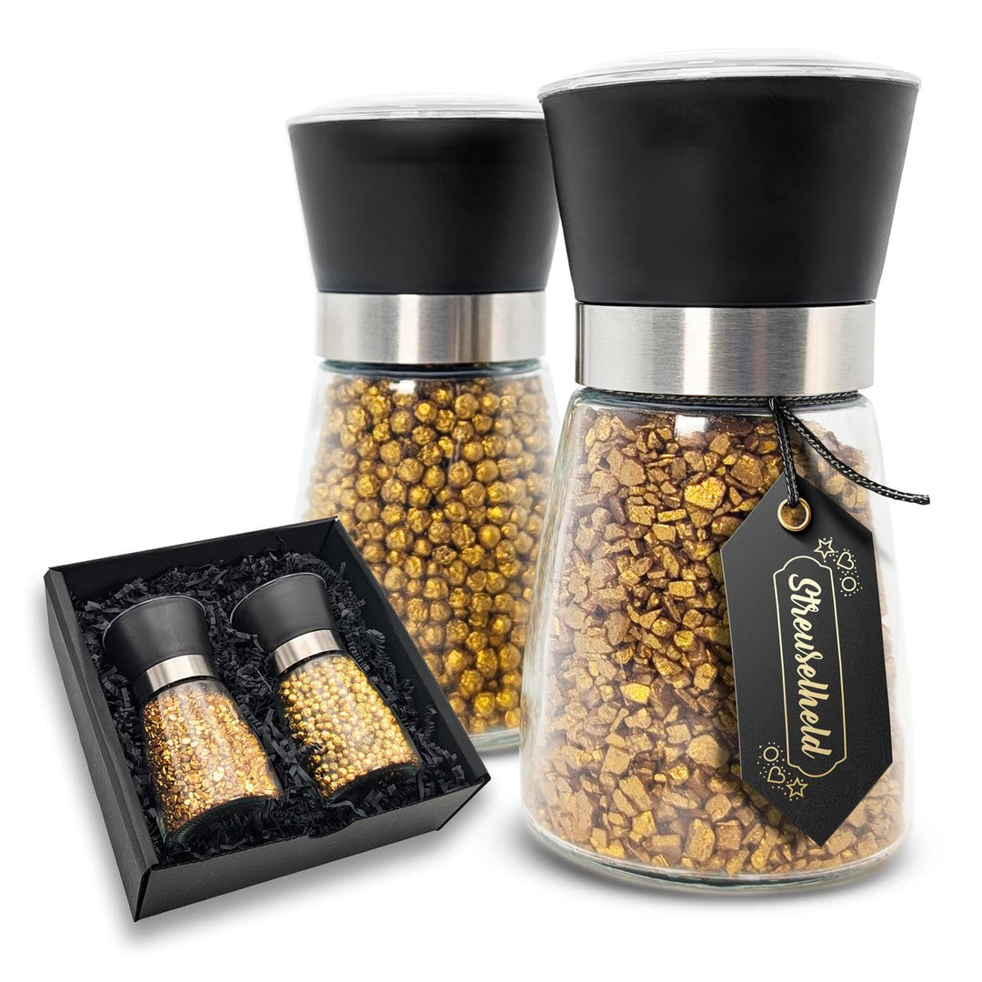 Streuselheld - Salz und Pfeffermühle mit Gold Gewürzen - 2er Geschenk Set mit Geschenkbox - Pfeffer
