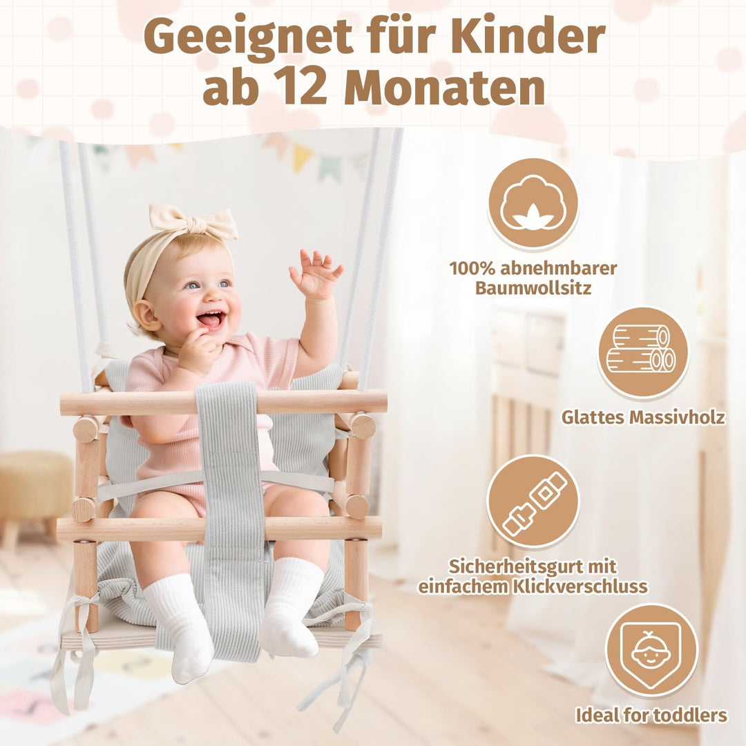 Babyschaukel Indoor &amp; Kinderschaukel Outdoor 3-in-1 aus Holz, Höhenverstellbar (160-260cm) mit Abneh
