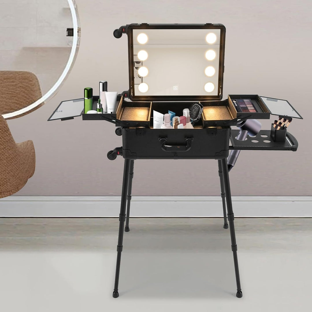 Profi Kosmetikkoffer Trolley, Multifunktional Schminkkoffer, Make Up Koffer mit Spiegel und LED Lich