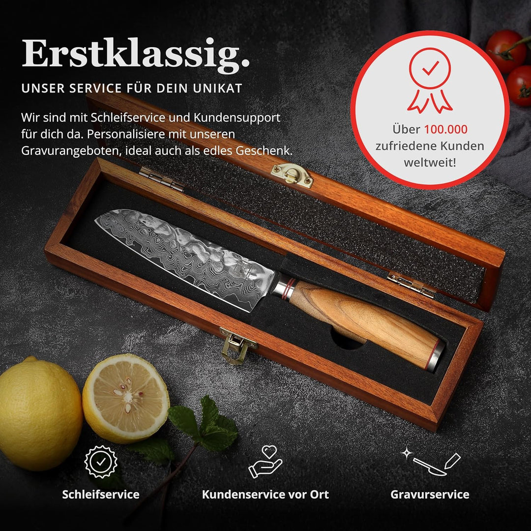 zayiko Olive Damastmesser kleines Santoku 12cm Klinge extrem scharf aus 67 Lagen I Damast Küchenmess