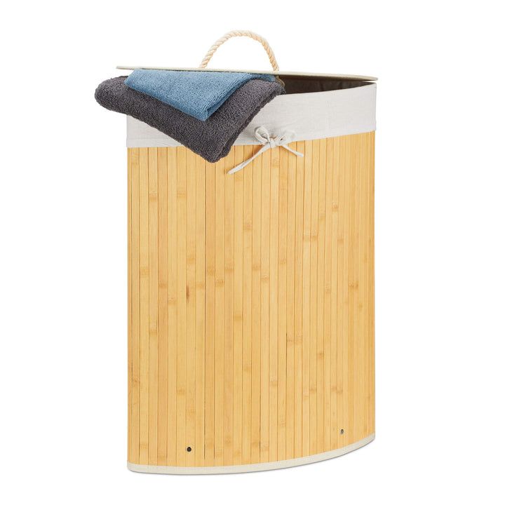 Relaxdays Eckwäschekorb Bambus, Faltbare Wäschebox 60 l, platzsparend, Wäschesack Baumwolle, 65 x 49