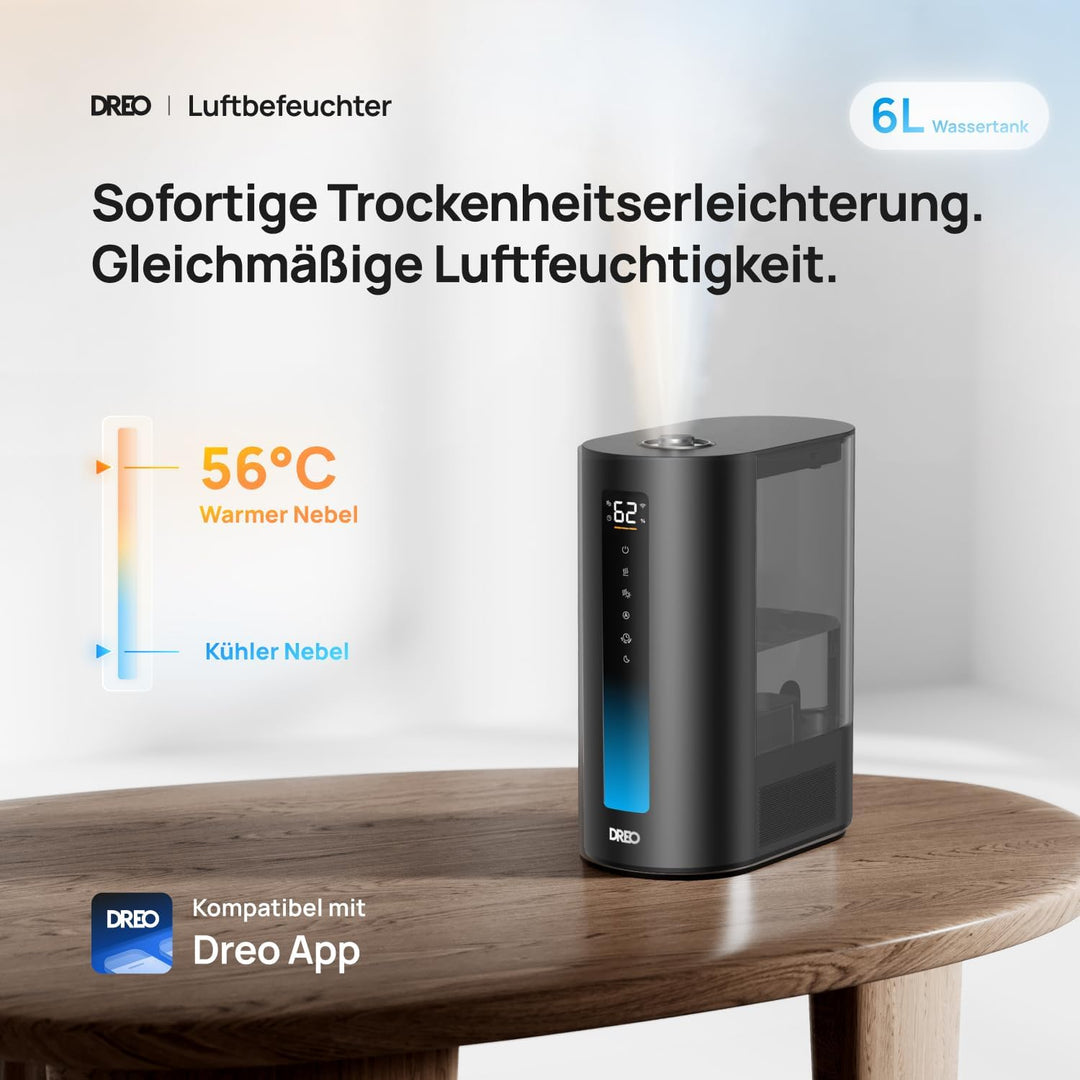 DREO 6L Smart Luftbefeuchter für grosse Räume, Warm- und Kaltnebel für Schlafzimmer, 60 Std. Laufzei