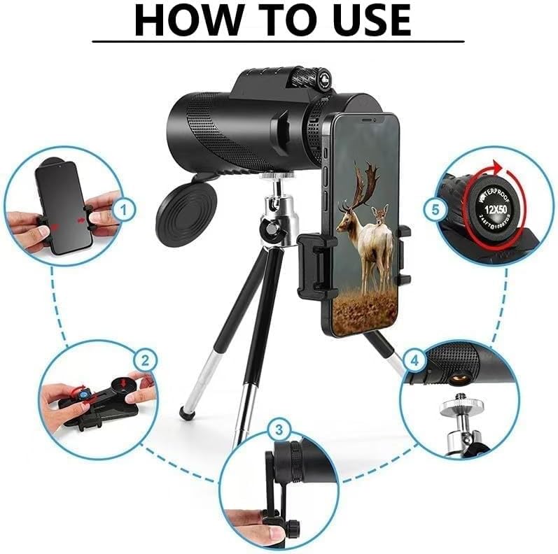 Monokular Teleskop, 12x50 Monoculars,mit BAK4-Prisma und FMC-objektiv, mit Smartphone Halterung stat