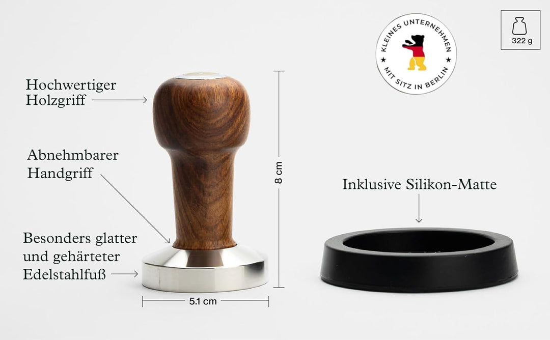 Tamper Set 51mm – hochwertiger Espresso Temper & stilvoller Holzgriff inkl. Schützender Tamping-Matt