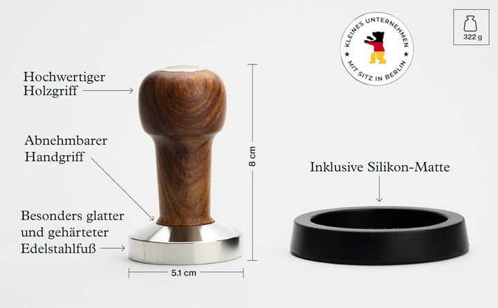 Tamper Set 51mm – hochwertiger Espresso Temper & stilvoller Holzgriff inkl. Schützender Tamping-Matt