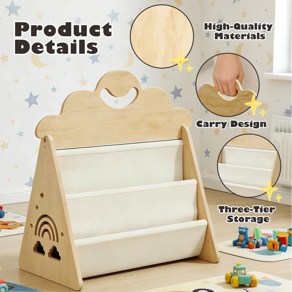 Kinder Bücherregal, Montessori Bücherregal aus Holz, Tragbares zweistöckiges Bücherregal Kinder Kind