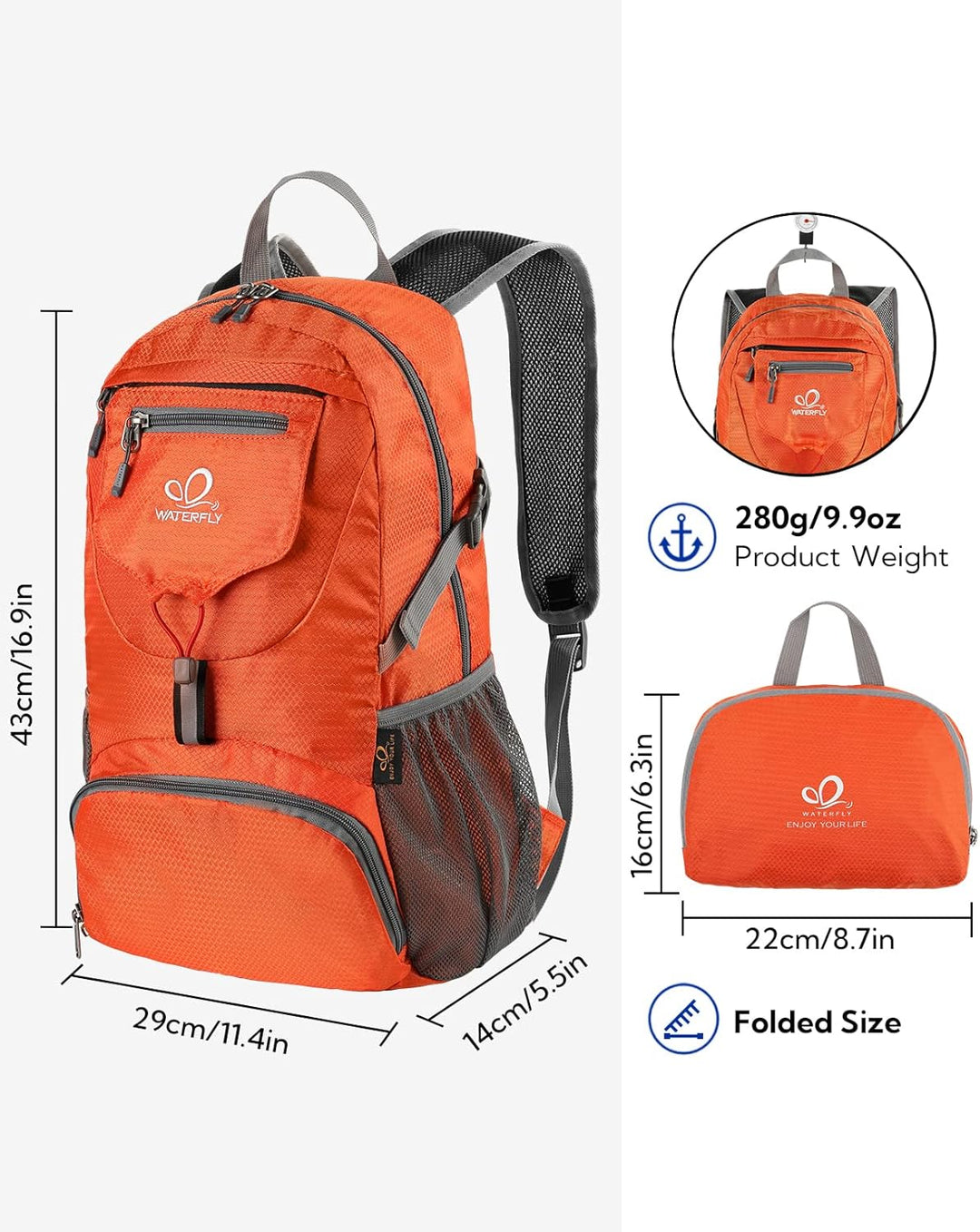 WATERFLY Ultraleicht Faltbar Klein Rucksack: 20L Leicht Packable Wanderrucksack Tagesrucksack Trekki