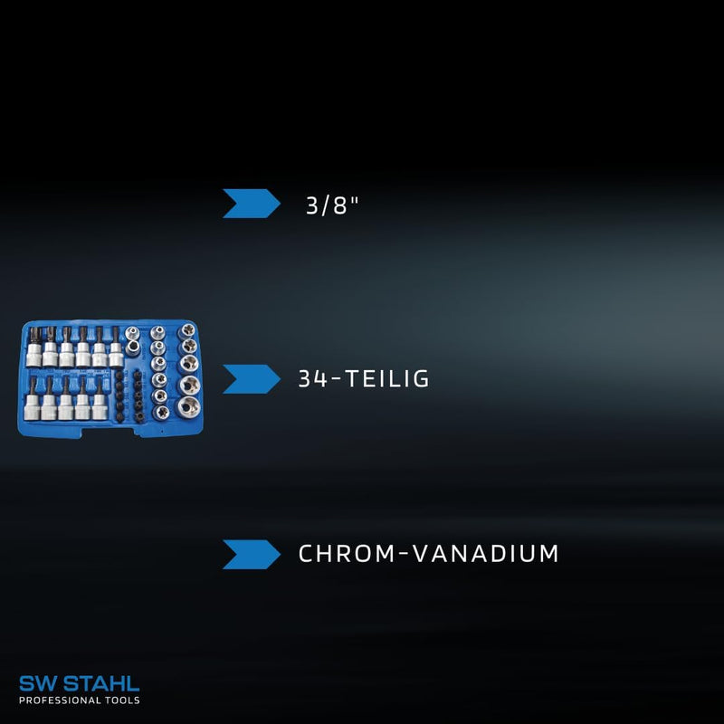 SW-Stahl 04187L Steckschlüsselsatz 3/8 Zoll 34-teilig I Stecknussset I Nussset I Bitsatz I Auto-Stec