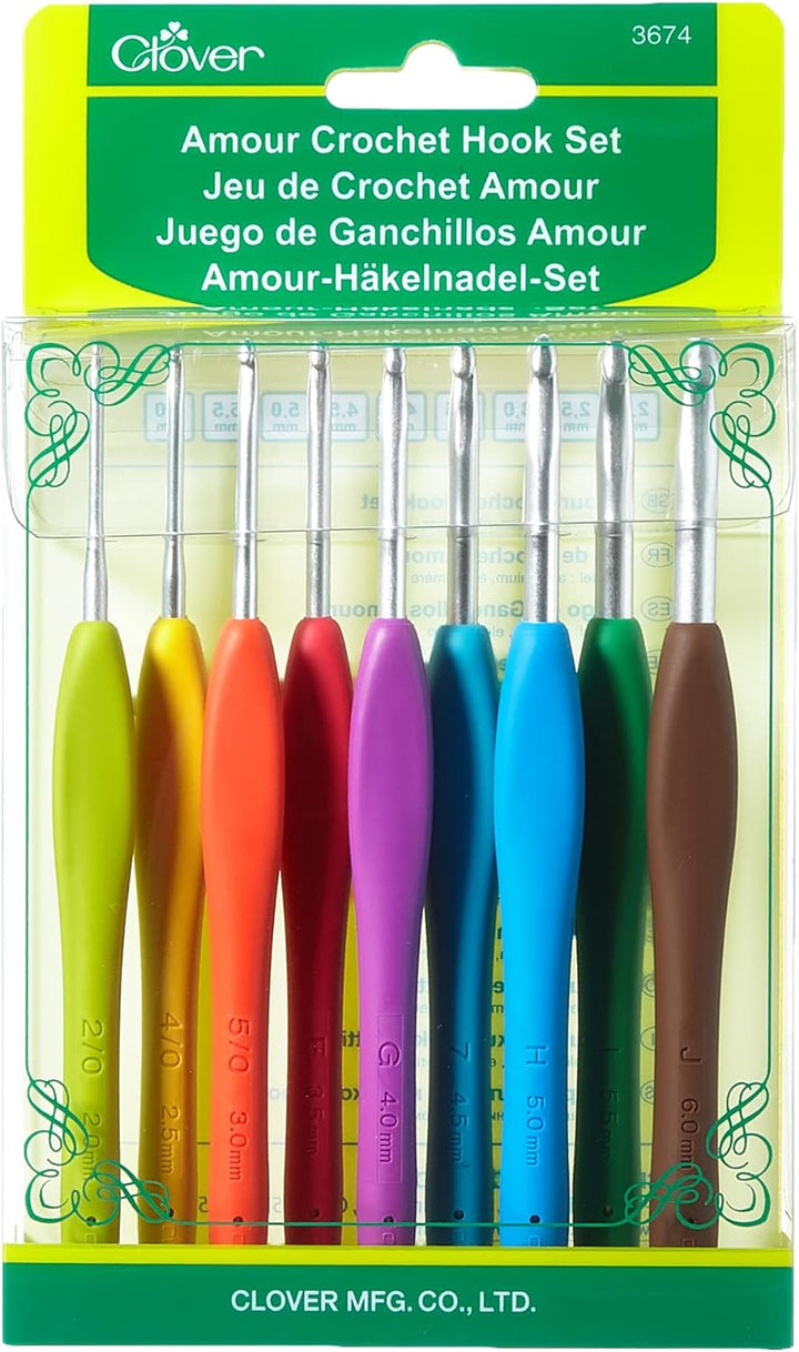 Clover MID(H20,4,10) Häkelnadel Set Amour, 9 Grössen, 2.00-6.00 mm Einzelbett, Einzelbett