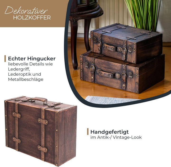 HMF Vintage Deko Koffer aus Holz, Aufbewahrungsbox mit Deckel und Ledergriff, stilvolle Aufbewahrung
