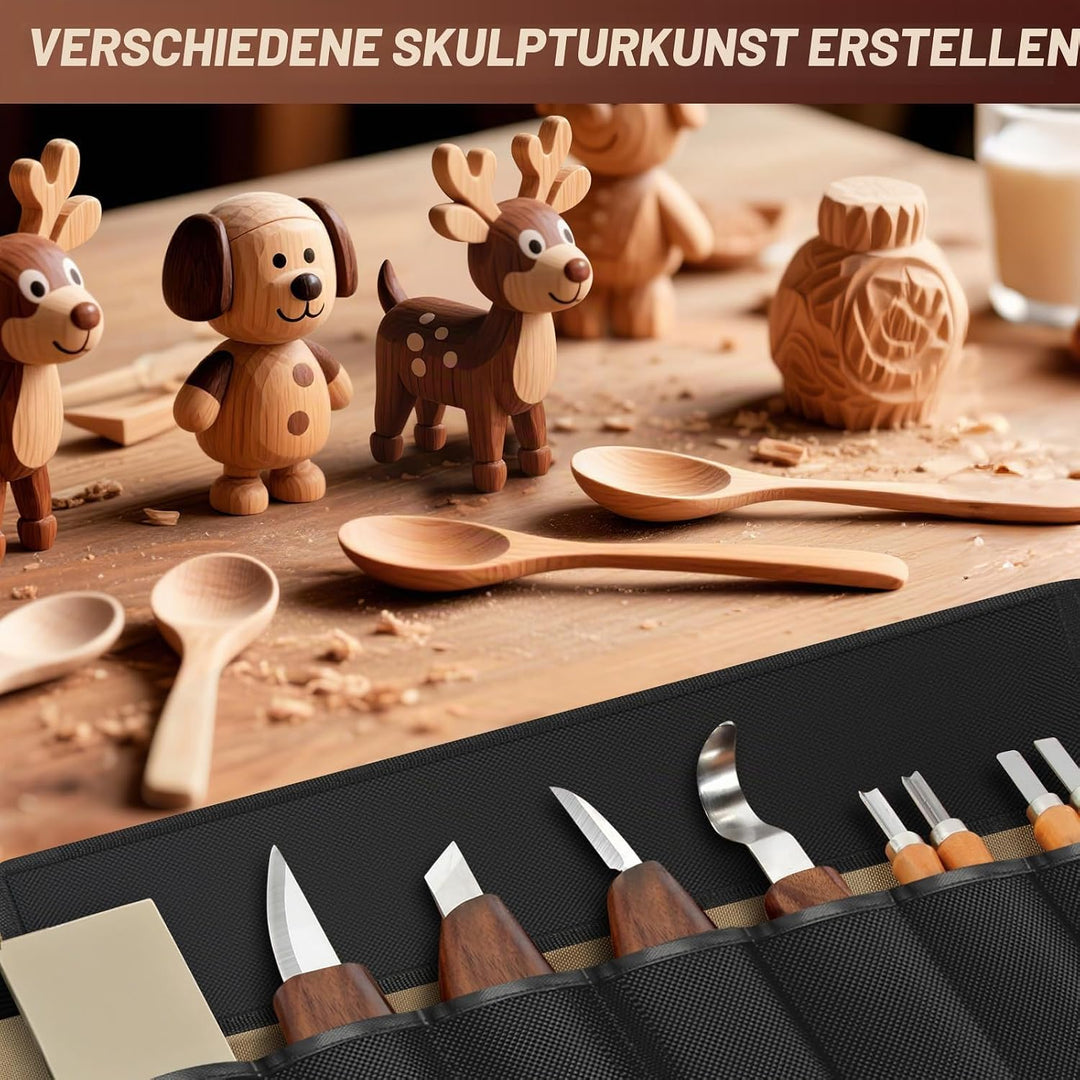 Holzschnitzwerkzeug-Set, Holzschnitzset mit Lederetui – Holzbearbeitungsmesser mit Lindenholzblöcken